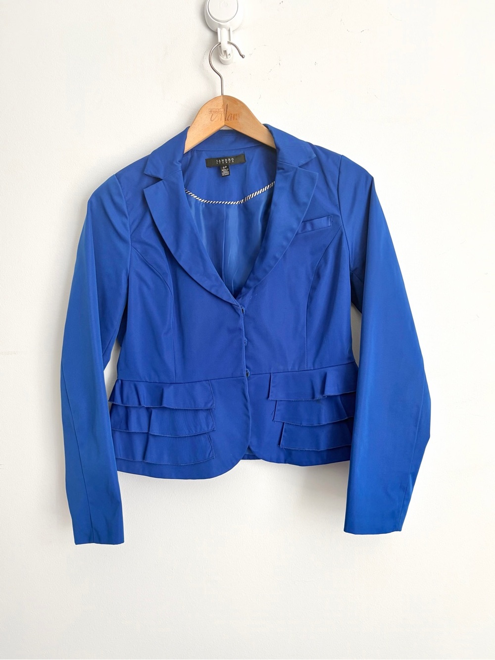 Sandro Studio Royal Blue Tailored Peplum Ruffle Blazer Coquette Ladylike S